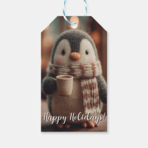 Étiquettes-cadeau Mignonne poupée pingouin tricotée avec écharpe ten
