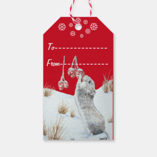 Étiquettes-cadeau Mignonne souris mangeant des baies de neige faune