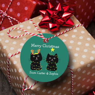 Étiquettes Cadeau Mignons deux chats lumières de Noël Vert personnal