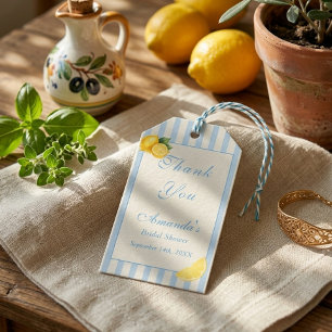 Étiquettes-cadeau Mini-citrons italiens à rayures bleues pour douche