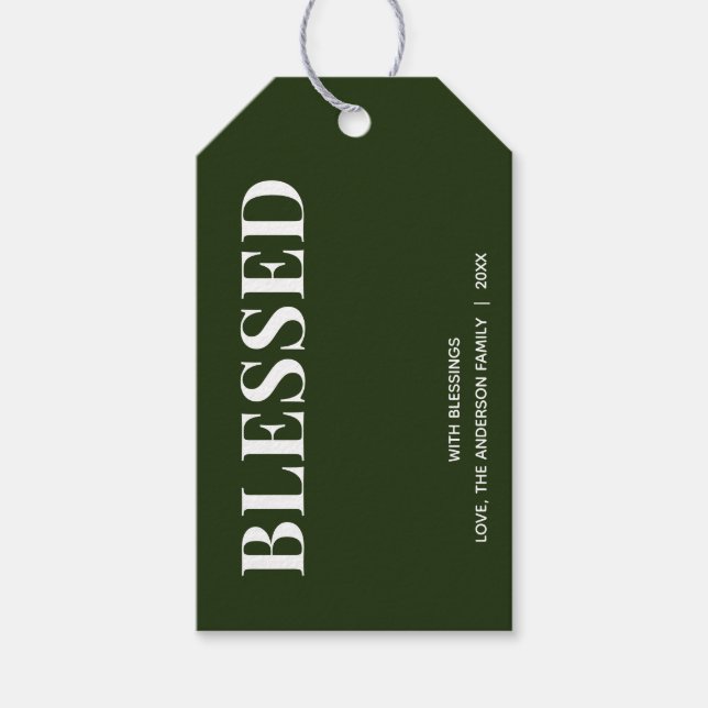 Étiquettes-cadeau Minimal BLESSED | Vert forêt de fêtes (Devant)