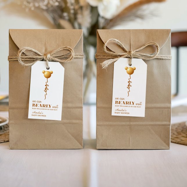 Étiquettes-cadeau Minimal Ours en or Ballon Ours à peine attendre Ét (Créateur téléchargé)