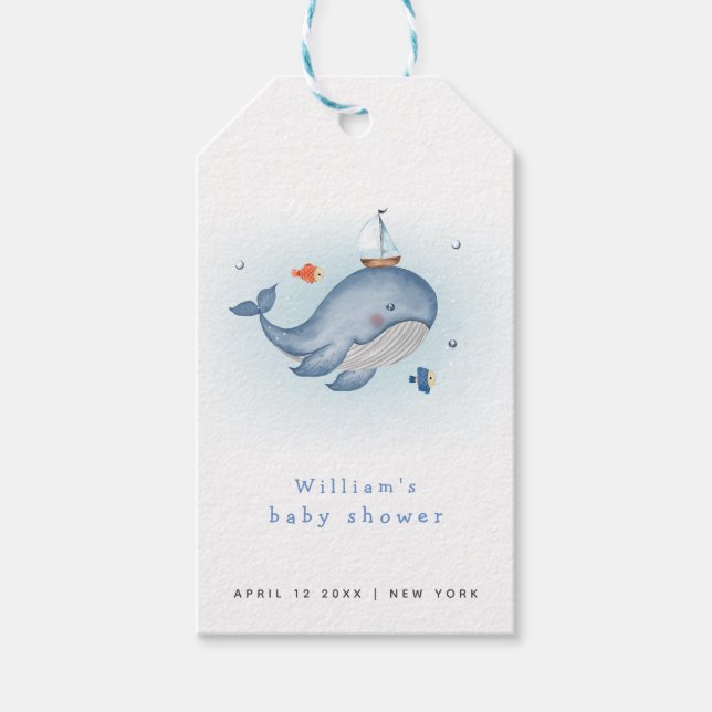 Étiquettes-cadeau Minimal Sous Le Baby shower See Whale Nautica (Devant)
