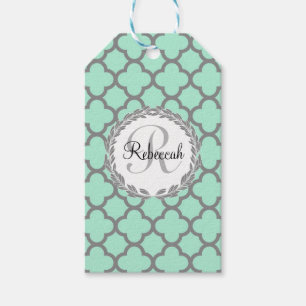 Étiquettes-cadeau Mint Green Grey Quatrefoil Nom Monogramme Laurel