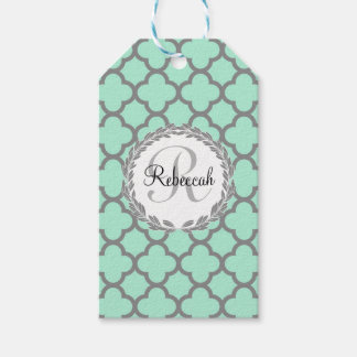 Étiquettes-cadeau Mint Green Grey Quatrefoil Nom Monogramme Laurel