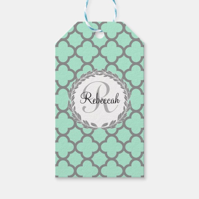 Étiquettes-cadeau Mint Green Grey Quatrefoil Nom Monogramme Laurel (Devant)
