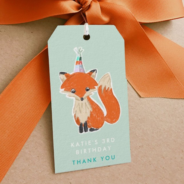 Étiquettes-cadeau Mint Green Mmte Fox Casquette Woodland Merci (Cute orange fox in a party hat mint birthday party favor gift tags.)