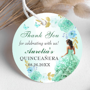 Étiquettes Cadeau Mint Green Princess Robe Quinceañera Anniversaire