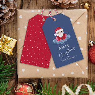 Étiquettes-cadeau Minuscule Père Noël Cute Poinsettia Bleu Joyeux No