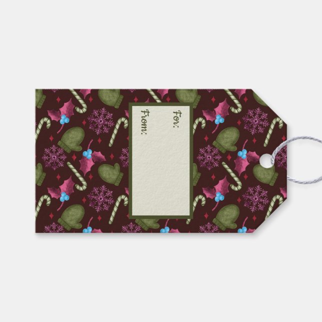 Étiquettes-cadeau Mittens de Noël, Snowflakes, Bâtons à menthe poivr (Devant (Horizontal))