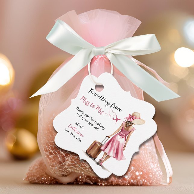 Étiquettes Cadeau Mlle à Mme Voyage Robe Rose Arc Bridal Shower (Angled view traveling from miss to mrs world travel bridal shower love is a journey favor tag)