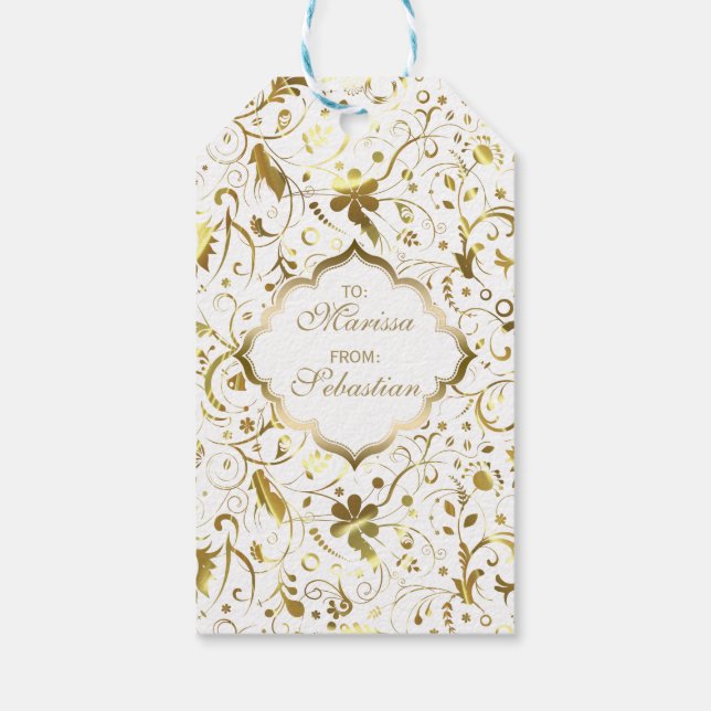 Étiquettes-cadeau Modèle de Damas Floral Blanc Et Or (Dos)