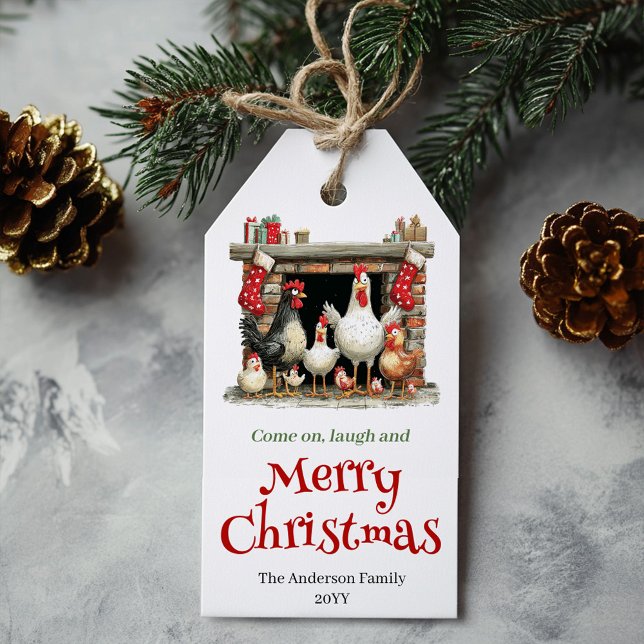 Étiquettes-cadeau Modèle d'étiquette de cadeau de Noël de poulets fa (Whimsical Chickens Christmas Gift Tag Template)