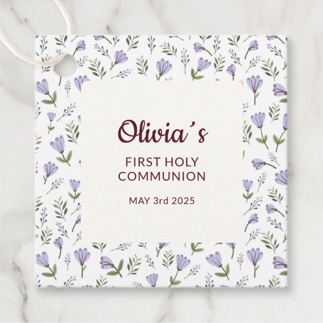 Étiquettes Cadeau Modèle floral pourpre Première communion (Devant)