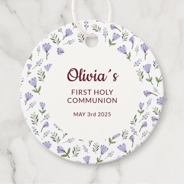 Étiquettes Cadeau Modèle floral pourpre Première communion (Devant)