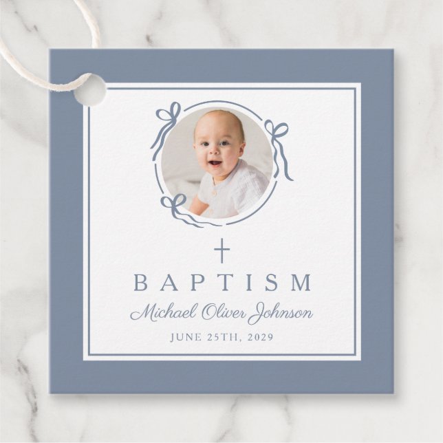 Étiquettes Cadeau Modern Dusty Blue Boy Baptism Photo (Devant)