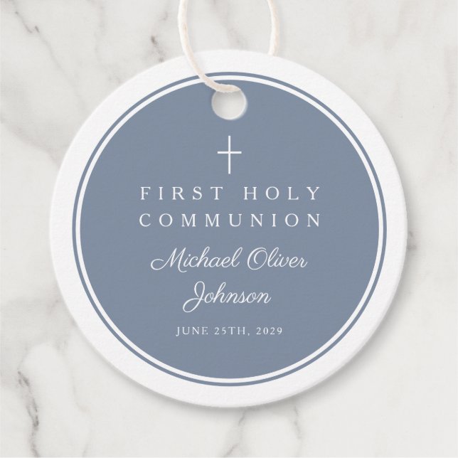 Étiquettes Cadeau Modern Dusty Blue Boy First Communion (Devant)