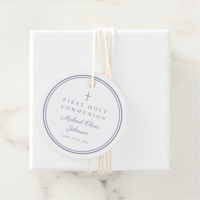 Étiquettes Cadeau Modern Dusty Blue Thank You Boy First Communion (En situation)