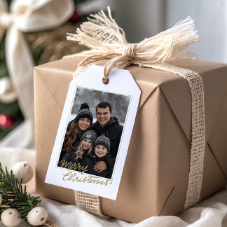 Étiquettes-cadeau Modern Elegant Black and Gold Family Photo