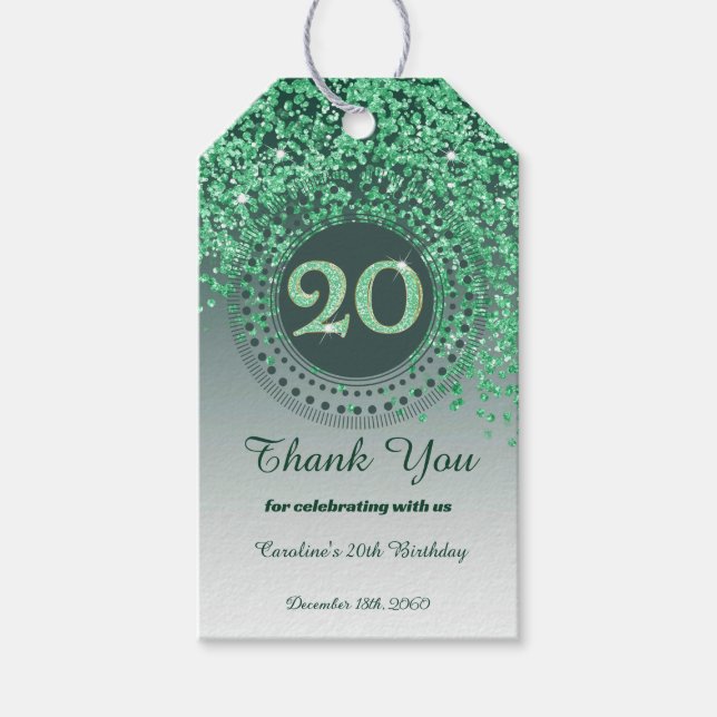 Étiquettes-cadeau Modern Falling Green Glitter 20th Birthday (Devant)