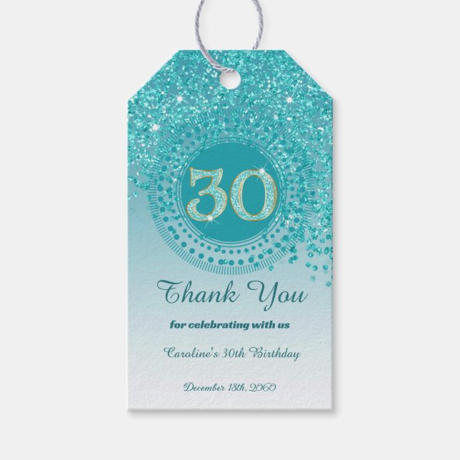 Étiquettes-cadeau Modern Falling Teal Blue Glitter 30th Birthday (Devant)