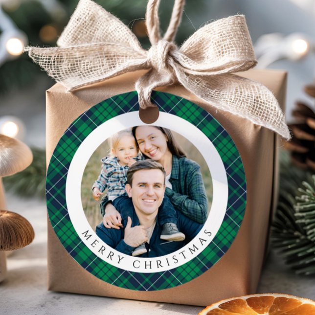 Étiquettes Cadeau Modern Green Plaid Photo Christmas (Modern Green Plaid Photo Christmas Favor Tags)