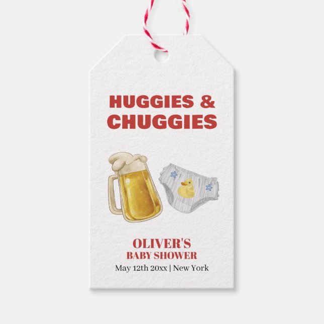 Étiquettes-cadeau Modern Huggies Chuggies Beer Diaper Baby Shower  (Devant)