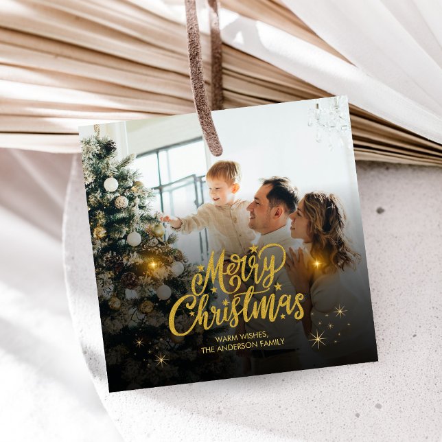Étiquettes Cadeau Modern Merry Christmas Family Photo (Modern Christmas Family Holiday Favor Tags)