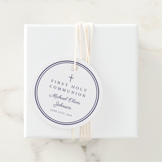 Étiquettes Cadeau Modern Navy Blue Thank You Boy First Communion (En situation)