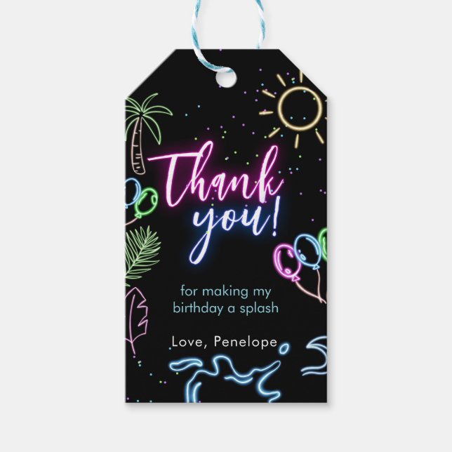 Étiquettes-cadeau Modern Neon Glow Black Pool Party Thank you (Devant)