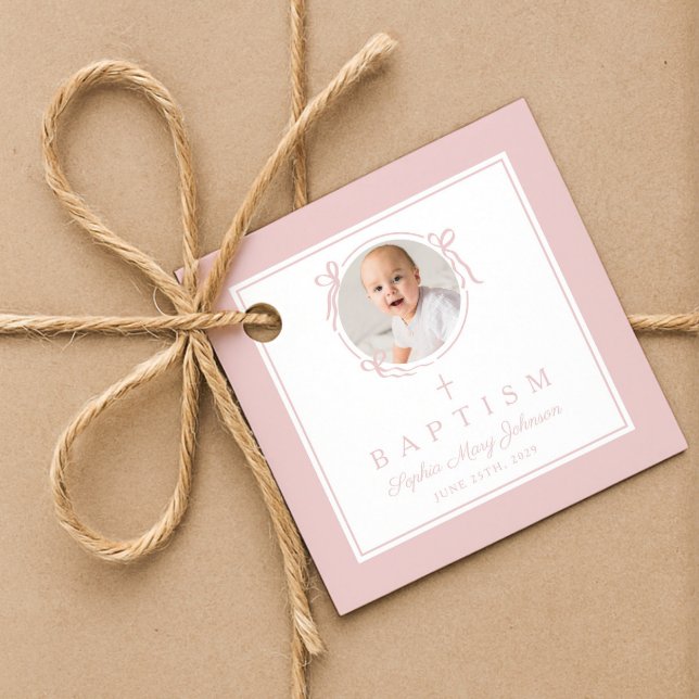 Étiquettes Cadeau Modern Pink Girl Baptism Photo (Modern Pink Girl Baptism Photo Favor Tags)