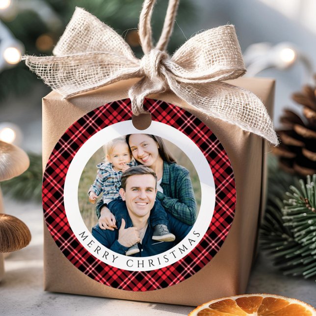 Étiquettes Cadeau Modern Red Plaid Photo Christmas (Modern Red Plaid Photo Christmas Favor Tags)
