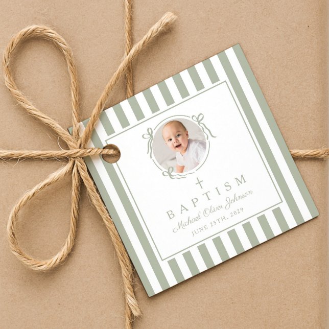 Étiquettes Cadeau Modern Sage Green Photo Thank You Baptism (Modern Sage Green Photo Thank You Baptism Favor Tags)