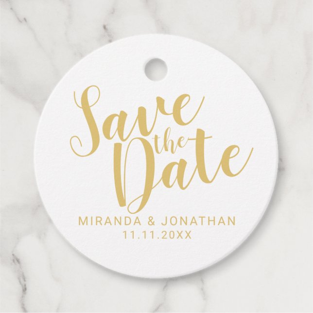 Étiquettes Cadeau Modern Script Gold Wedding Enregistrer la date (Devant)