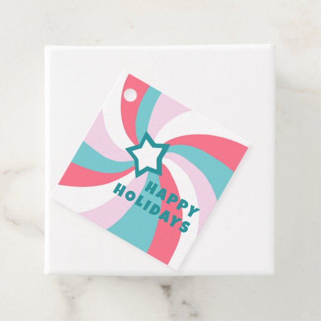 Étiquettes Cadeau Modern Swirl HAPPY HOLIDAYS CUSTOM Green Pink Xmas (En situation)