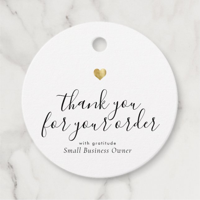 Étiquettes Cadeau Modern Thank You Script Gold Heart Small Business (Devant)