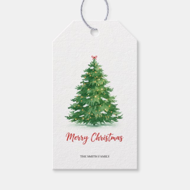 Étiquettes-cadeau Modern Watercolor Green Christmas Tree Gift Merry  (Devant)