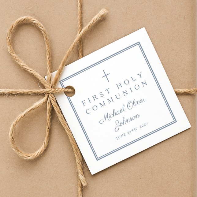 Étiquettes Cadeau Moderne Bleu Poussiéreux Merci Garçon Première Com (Modern Dusty Blue Thank You Boy First Communion Favor Tags)