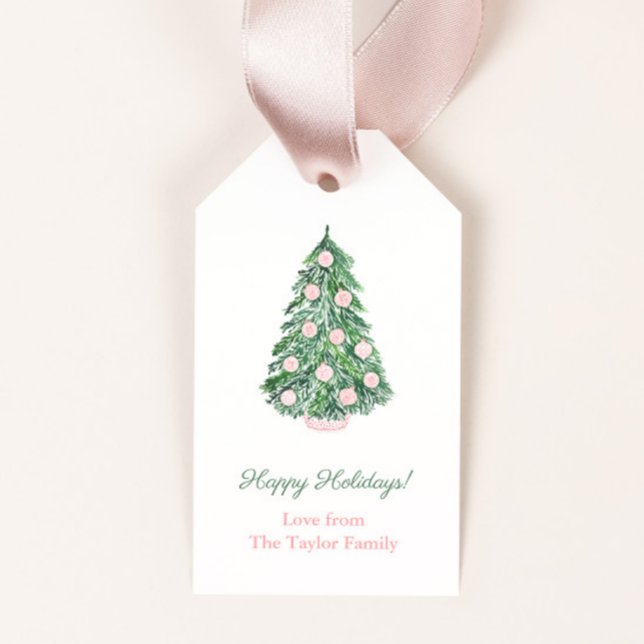 Étiquettes-cadeau Moderne classique rose vert Joyeux Noël (Elegant pink and white chinoiserie decorated holidays tree merry christmas gift tags)