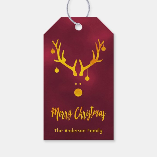Étiquettes-cadeau Moderne drôle mignon renne d'or de Noël bordeaux (Devant)