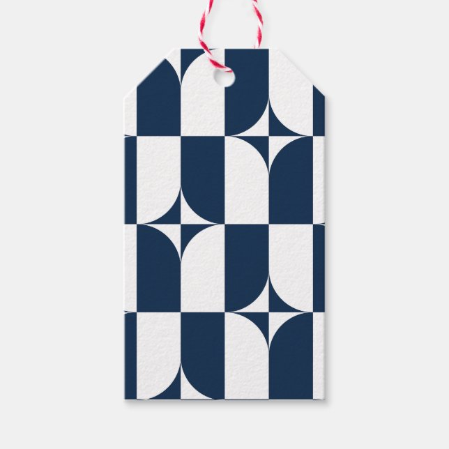 Étiquettes-cadeau Moderne du milieu du siècle bleu et blanc (Devant)