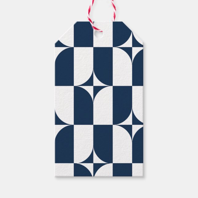Étiquettes-cadeau Moderne du milieu du siècle bleu et blanc (Devant)