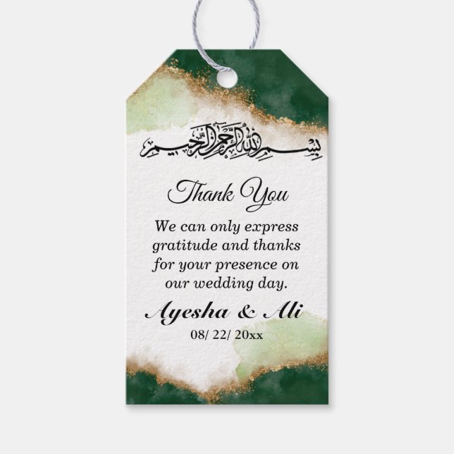 Étiquettes-cadeau Moderne Gold Green Agate mariage islamique (Devant)