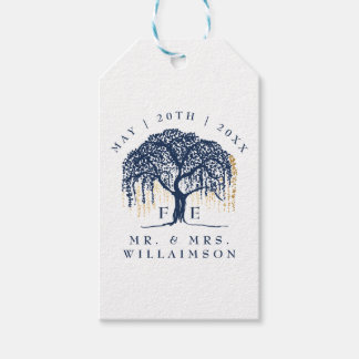 Étiquettes-cadeau Moderne Gras Willow Tree Marine Blue Gold Mariage