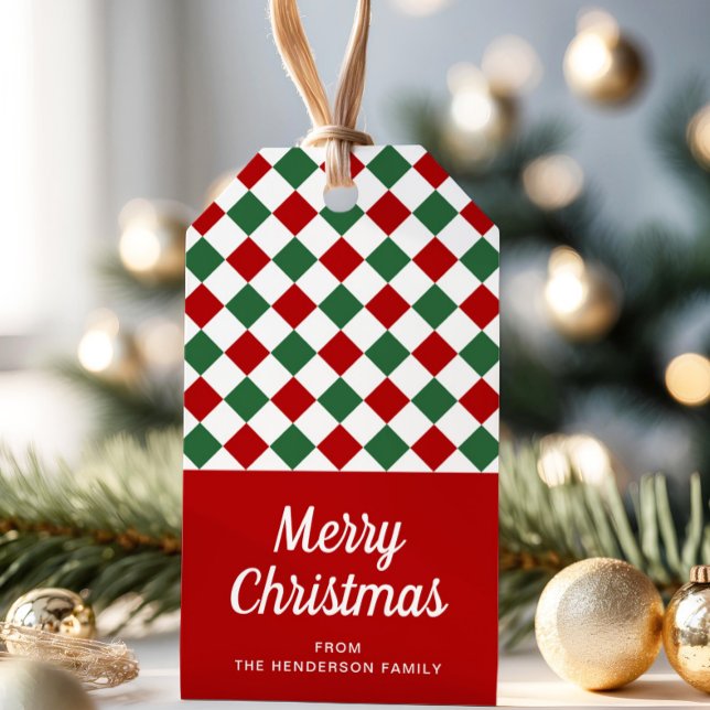 Étiquettes-cadeau Moderne Joyeux Noël à carreaux rouges (Modern Red Checks Merry Christmas Gift Tags)