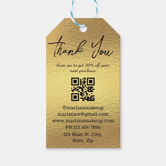 Étiquettes-cadeau moderne merci entreprise code qr feuille or (Devant)