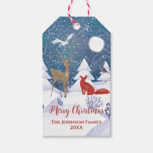 Étiquettes-cadeau Moderne Nordic Winter Snowy Night Fox Cerfs Oiseau