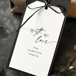 Étiquettes-cadeau Moderne WIth Love Élégant Script Coeur noir blanc