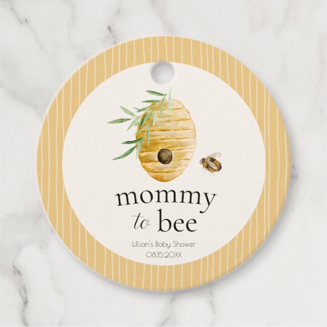 Étiquettes Cadeau Mommy To Bee Striped Yellow Honey Bee Baby Shower  (Devant)
