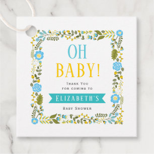Étiquettes Cadeau Mon bébé ! Aqua, Merci à baby shower fleuri jaune